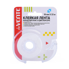 Клейкая лента канцелярская, прозрачная, 35 мкм, 19 ммx33 м, пластиковая втулка, в пластиковом диспен